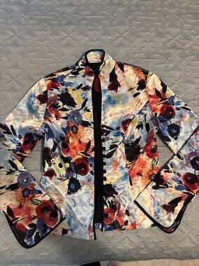 JS Collections Multicolor Floral Satin Mandarin Collar Blazer